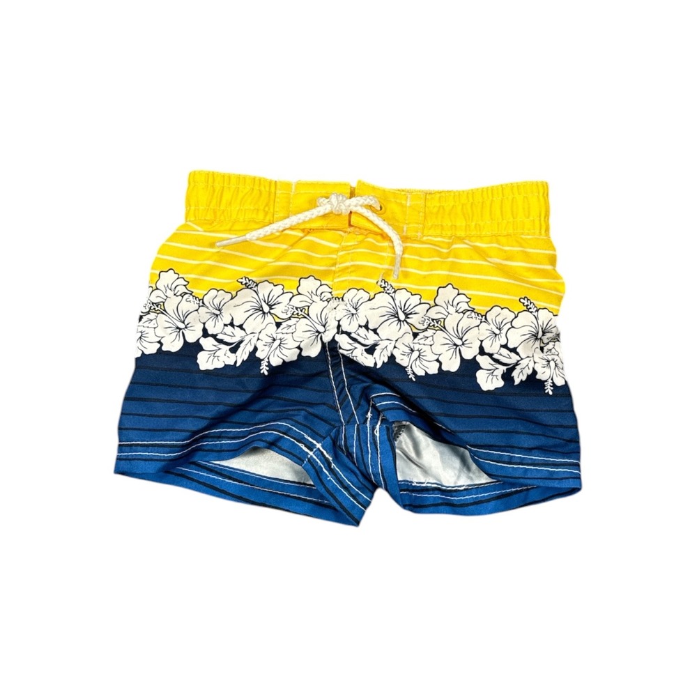 Koala Kids Newborn Swim Trunks Yellow Blue Striped Hibiscus Floral Mesh Lined